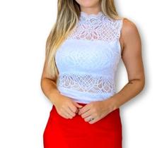 Body feminino cavado renda gola alta com bojo elegante