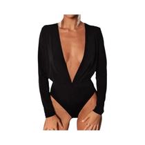 Body feminino com decote em V profundo, manga comprida, costas nuas, franjas, body sexy de baile