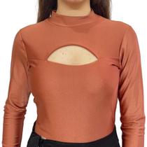 Body Feminino de Poliamida com Recorte no Colo e Manga Longa