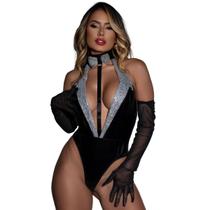 Body Feminino Decote Preto Lingerie Detalhes Brilhantes Moderno Gola Estilo Gravata