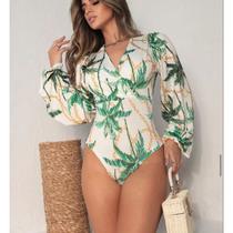Body feminino estampa coqueiro manga longa bufante decote v moda fashion