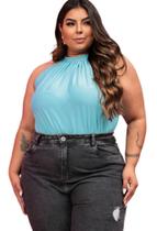 Body feminino gola alta cavado drapeado plus size moda elegante