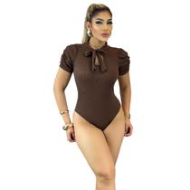 Body Feminino Malha Ribana Marrom Princesinha com Laço