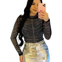 Body Feminino Malha Tule C/brilho Gola Alta Blusa Pedraria