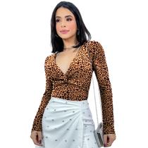 Body Feminino Manga Longa Decote Trançado Nó Justo Social