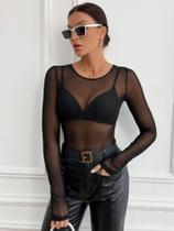 Body Feminino Manga Longa Transparente Sexy Tule Estiloso Body Feminino Manga Longa Transparente Sexy Tule Estiloso