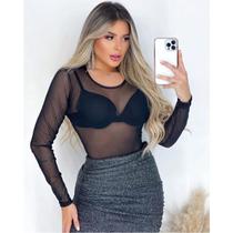 Body feminino manga longa tule fashion