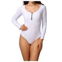 Body feminino manga longa zíper canelado casual