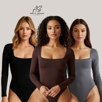 Body feminino moda gringa básico estiloso tendencia kit com 3 manga longa e gola quadra suplex mais vendido decote quadrado bori colan premium modela