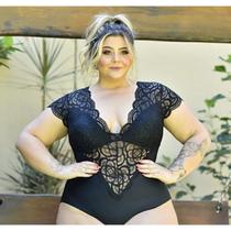 Body feminino plus size tule renda decote v faixa manga curta tendência