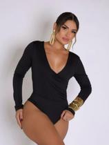 Body Feminino Preto Manga Longa com Decote Transpassado