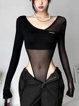 Body Feminino Preto Transparente - Manga Comprida, Decote V e Sem Costas