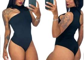 Body feminino regata um ombro só gola alta poliéster blogueira