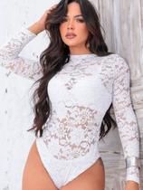 Body Feminino Renda Floral Manga Longa Transparente Sensual Body Feminino Renda Floral Manga Longa Transparente Sensual