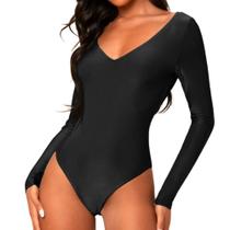 Body Feminino Simples Suplex Decote V Manga Longa