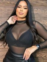 Body Feminino Tule Manga longa Transparencia modelo Zebra, Preto e Lurex Bory