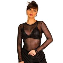 Body Feminino Tule Transparente com Brilho Moda Balada