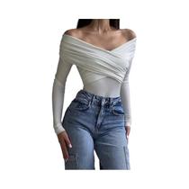 Body Feminino Vermelho Com Ombros Descidos, Manga Longa, Pregas Cruzadas, Macacão Justo, Moda