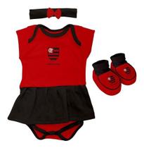 Body Flamengo Bebe + Pantufa + Lacinho Menina Oficial - Vermelho-Preto - M (3-6 meses)