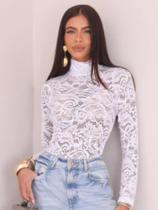 Body Gola Alta Feminina Renda Manga Longa