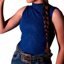 Body Gola Alta Feminino Com Brilho Azul Zoe Western Body Gola Alta Feminino Com Brilho Azul Zoe Western