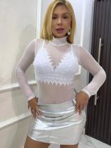 Body gola alta manga longa tule transparente liso Body gola alta manga longa tule transparente liso