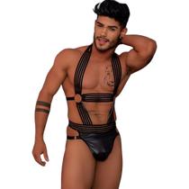 Body Harness Masculino em Cirre e Elasticos Argolas e Correntes no Detalhe Costas e Bunda Nua