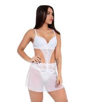 Body IMI Lingerie Com Bojo E Saia Renda Tule Calcinha Fio Luxo Hari Branco