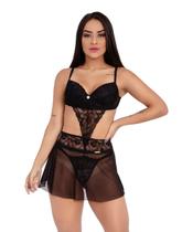 Body IMI Lingerie Com Bojo E Saia Renda Tule Calcinha Fio Luxo Hari Preto
