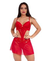 Body IMI Lingerie Com Bojo E Saia Renda Tule Calcinha Fio Luxo Hari Vermelho