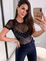 Body jade manga curta com pedrarias de brilho