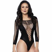 Body Lingerie com Detalhes Rendados e Decote Bodystocking Arrastão Tipo Meia