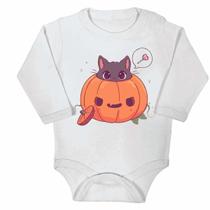 Body longo bebê branco estampa abobóra e gato halloween