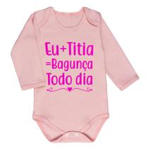 Body longo suedine rose para bebê estampa eu+tia=Bagunça