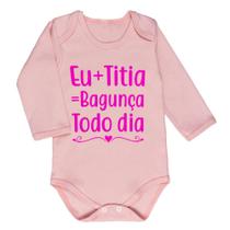 Body longo suedine rose para bebê estampa eu+tia=Bagunça Body longo suedine rose para bebê estampa eu+tia=Bagunça