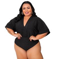 Body Lurex Manga Morcego Decote V Plus Size Moda Feminina