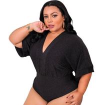 Body lurex plus size manga borboleta decote V feminino moda fashion