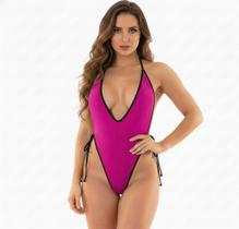 Body Maiô Cavado Lingerie Provocante Cor:Rosa Com PretoTamanho:UnicoGênero:Feminino