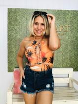 Body maio com detalhes trançados estampa tropical