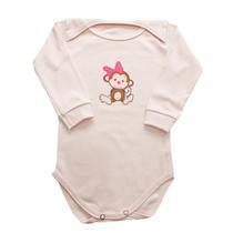 Body Manga Longa Bebê Macaquinha Laço Rosa + Calça