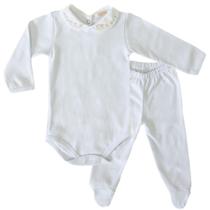 Body Manga Longa Bebê Menina Gola Bordada Flor e Calça Mijão