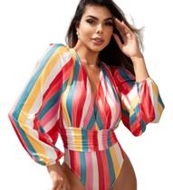 Body Manga Longa Blusa Feminina Decotada Poliamida Luxo