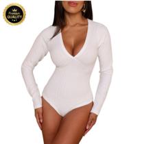 Body Manga Longa Bubble Decote V Branco