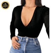 Body Manga Longa Bubble Decote V Preto