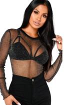 Body Manga Longa Lurex Transparente Com Brilho R059