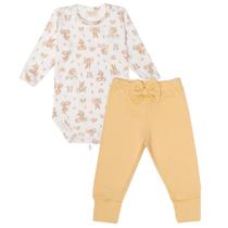 Body Manga Longa Off White e Calça Algodão Egípcio Arco Íris Amarelo