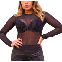 Body manga longa tule modelo com fios de lurex moda feminina