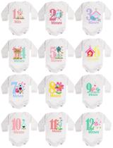 Body Mesversario Manga Longa Jardim Encantado Kit 12 bodies de Bebê