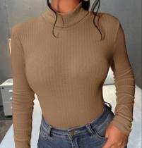 Body moda feminina canelado manga longa gola alta básico casual