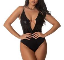 Body moda feminino paetê alça extra fina decote profundo com elástico bori